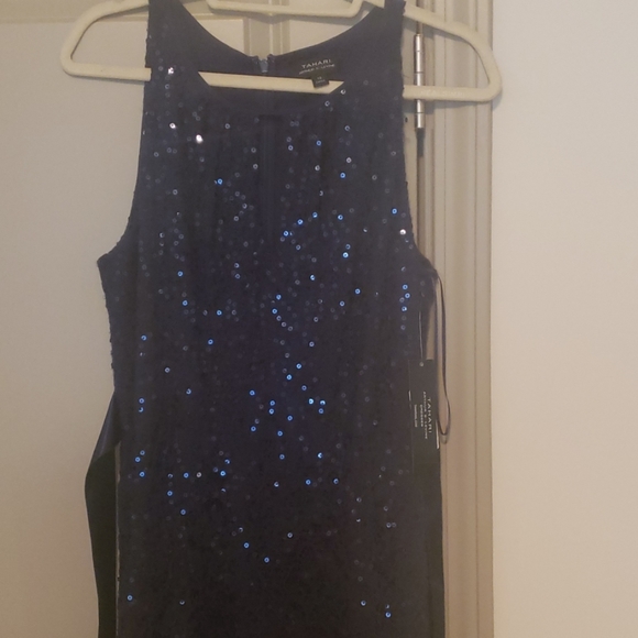 Tahari Deep Navy Sleeveless Sequin Tie Sash Gown - Picture 2 of 5